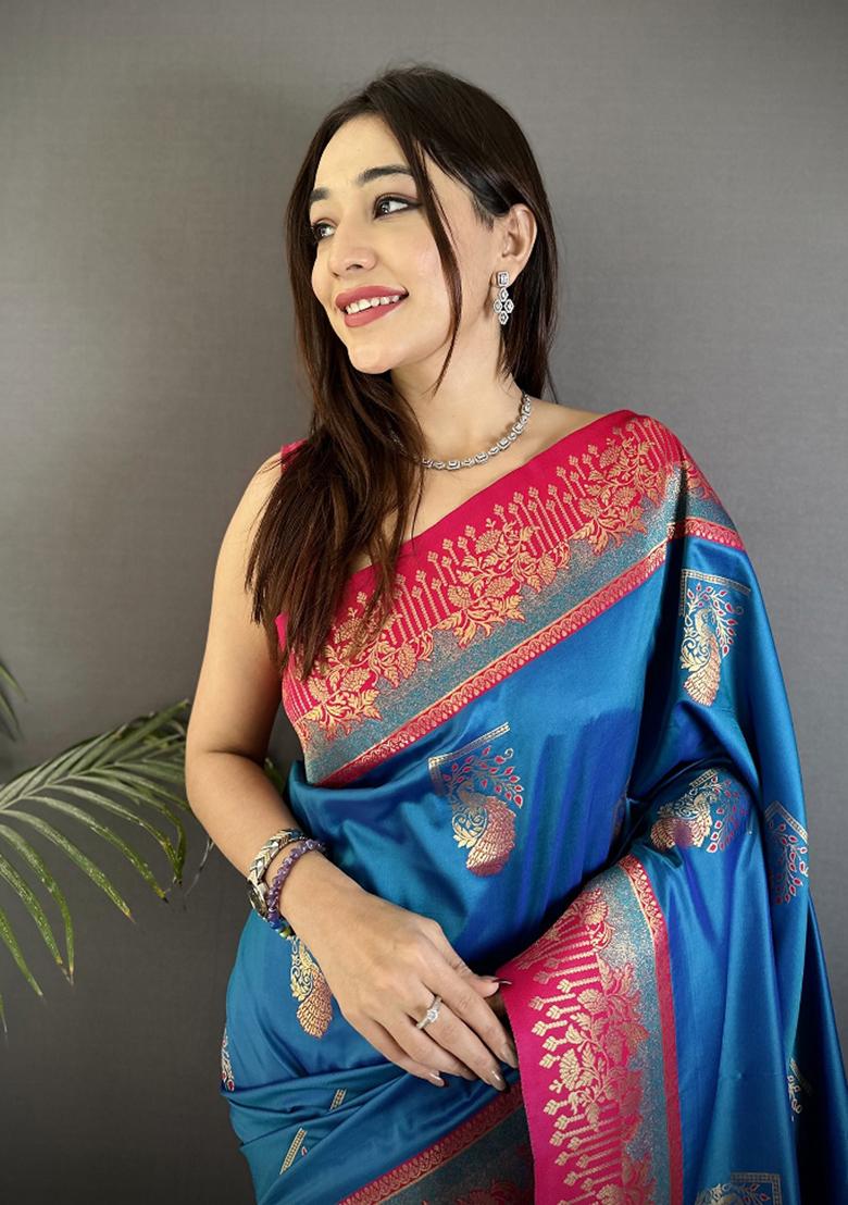 Royal Blue Peacock Butta Work Silk Saree Set - Indya