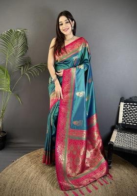 Teal Peacock Butta Work Silk Saree Set