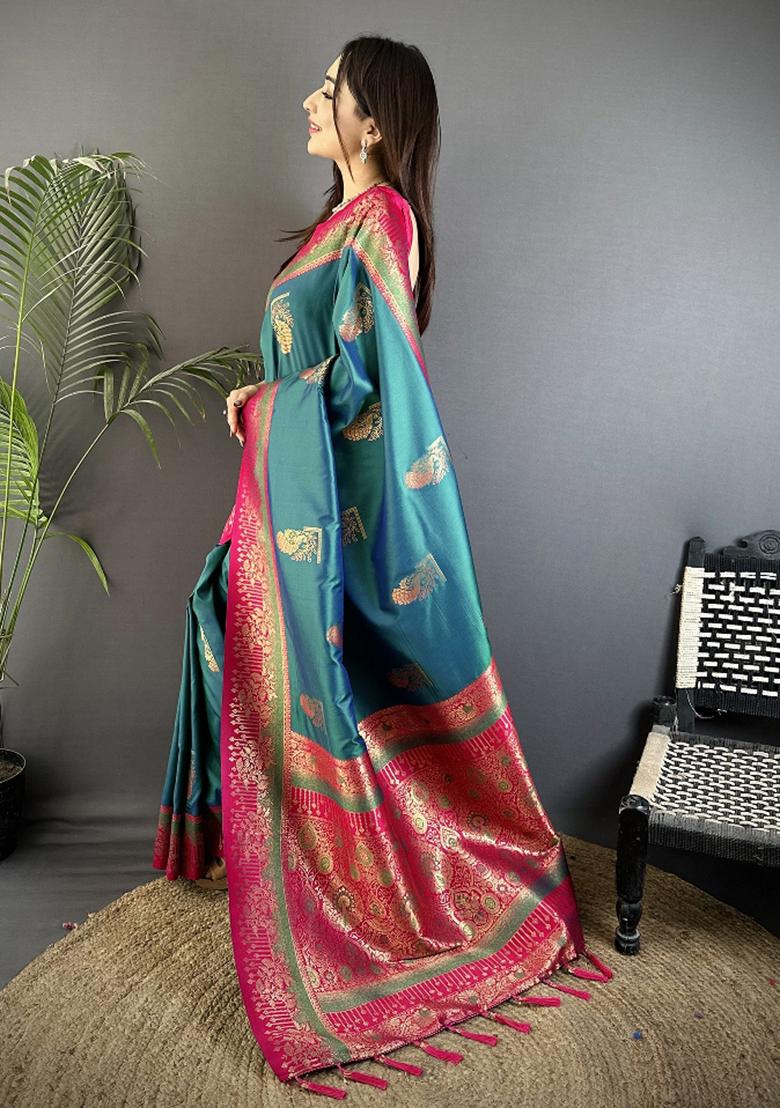 Teal Peacock Butta Work Silk Saree Set - Indya