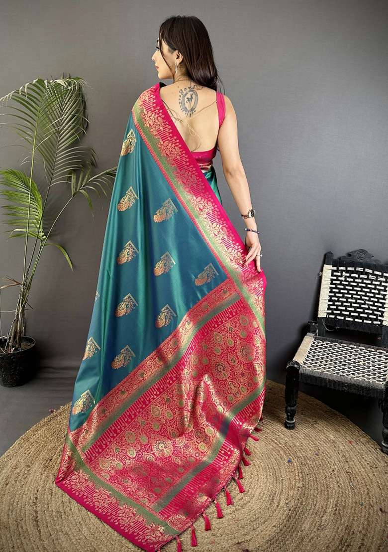 Teal Peacock Butta Work Silk Blend Saree Set for Diwali | Wedding & Festive Wear - Indya