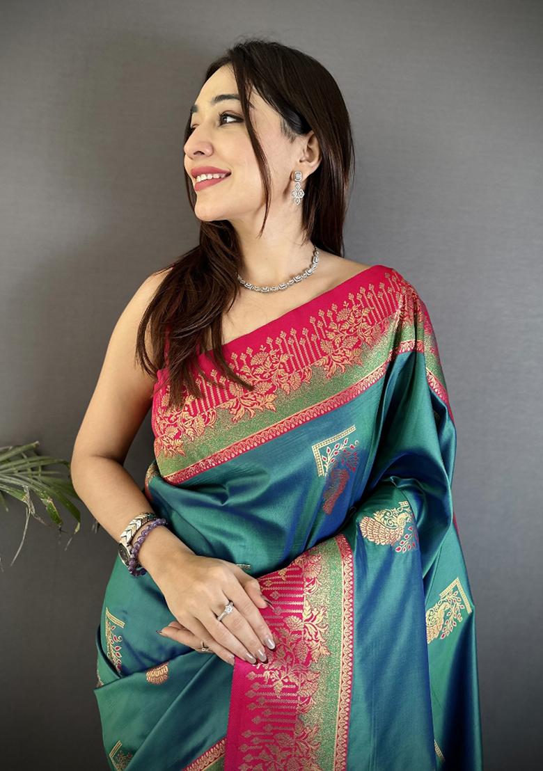 Teal Peacock Butta Work Silk Saree Set - Indya