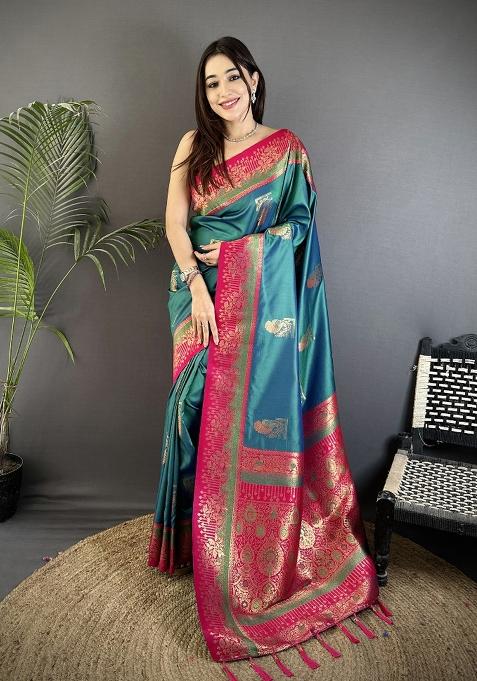 Teal Peacock Butta Work Silk Blend Saree Set