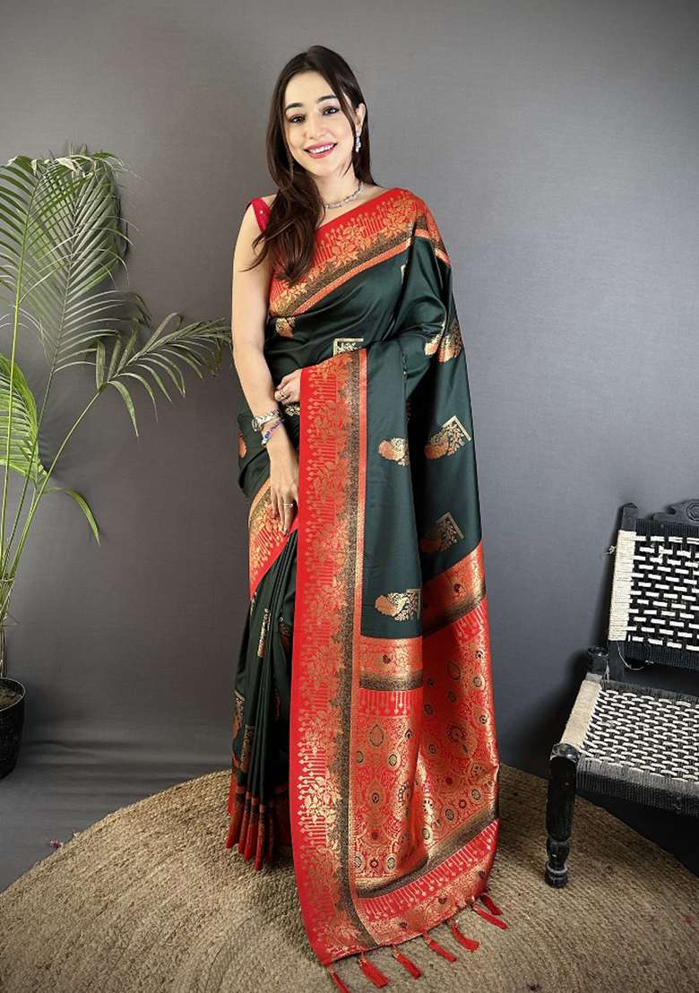 Dark Green Peacock Butta Work Silk Blend Saree Set for Diwali | Wedding & Festive Wear - Indya