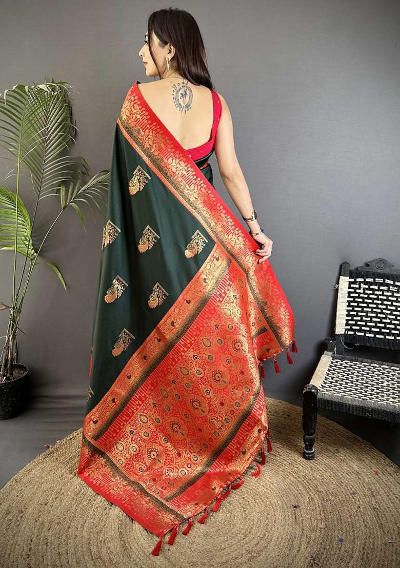 Dark Green Peacock Butta Work Silk Blend Saree Set for Diwali | Wedding & Festive Wear - Indya