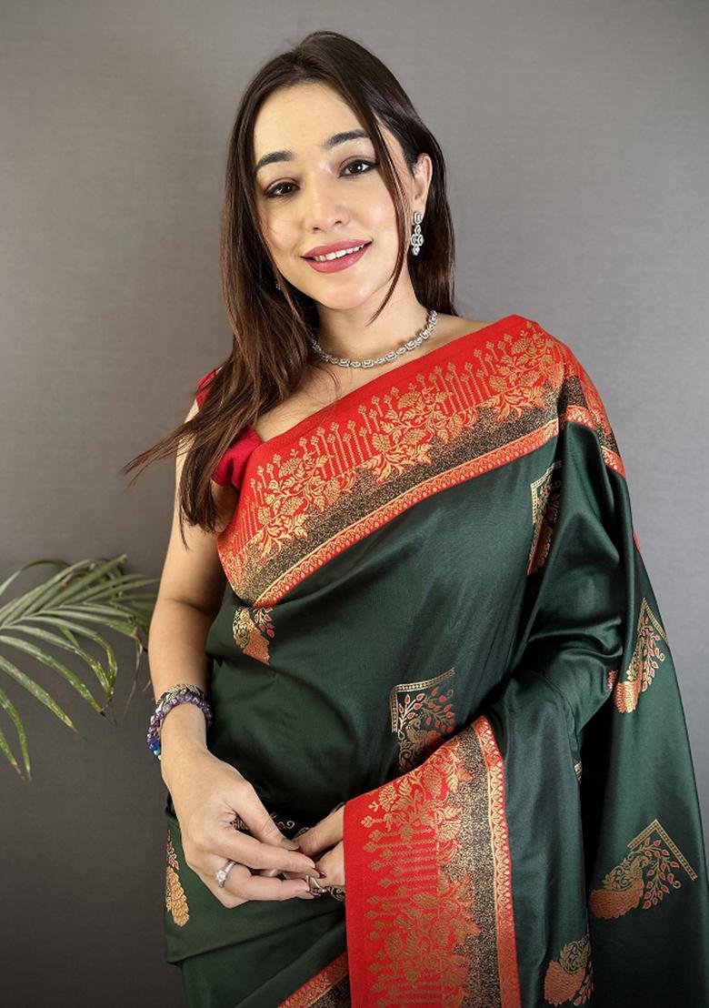 Dark Green Peacock Butta Work Silk Saree Set - Indya