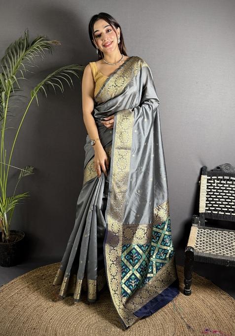 Grey Woven Silk Saree Set