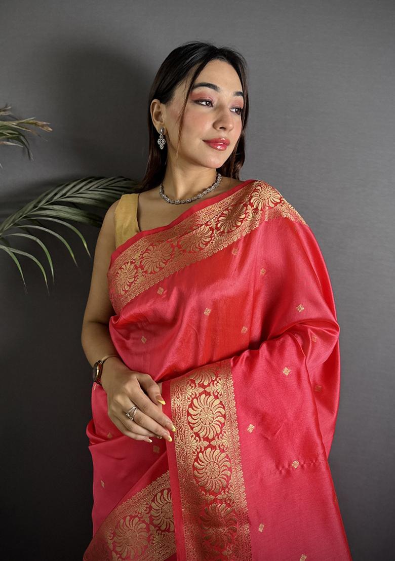 Red Woven Silk Saree Set - Indya