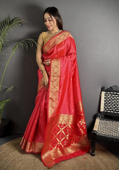Red Woven Silk Saree Set
