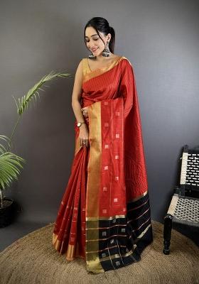 Red Stripes Box Silk Saree Set