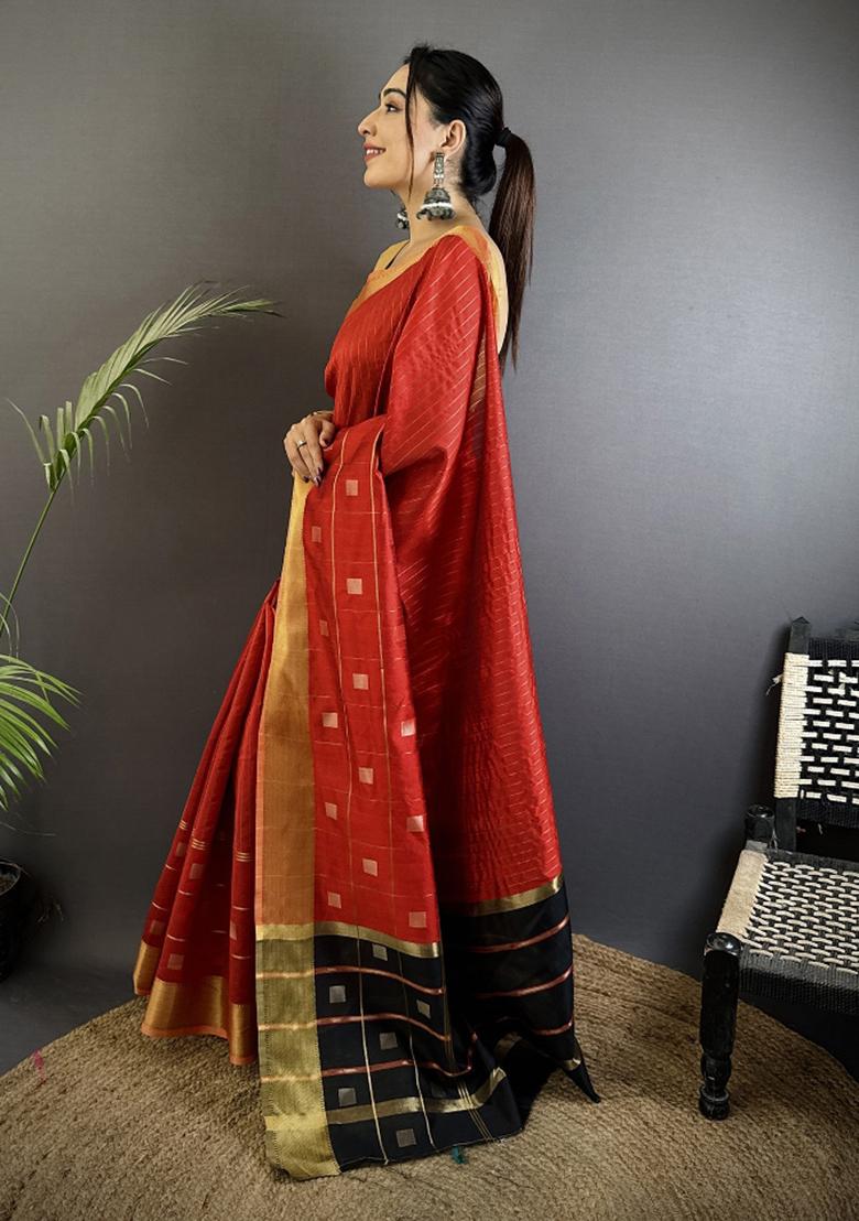 Red Stripes Box Silk Saree Set - Indya