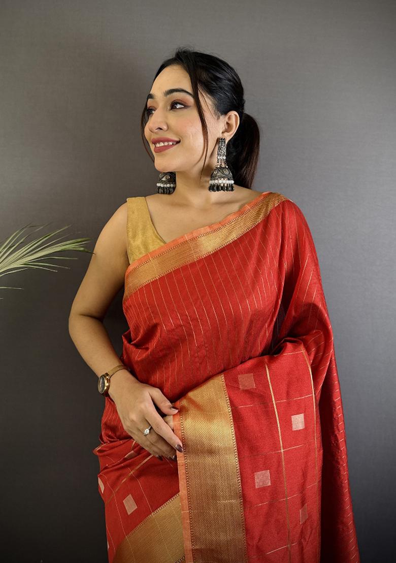 Red Stripes Box Silk Saree Set - Indya