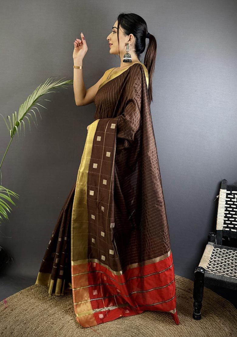 Chocolate Brown Stripes Box Silk Saree Set - Indya