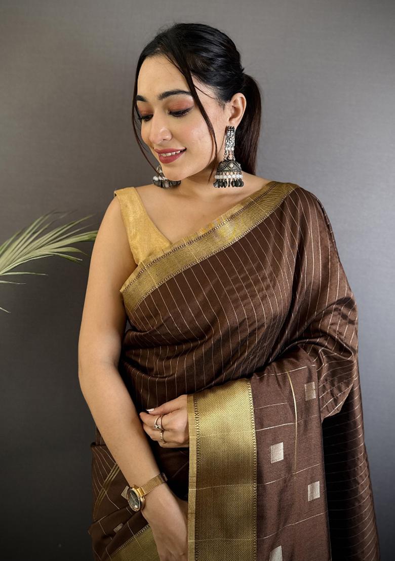 Chocolate Brown Stripes Box Silk Saree Set - Indya