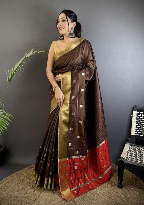 Chocolate Brown Stripes Box Silk Saree Set