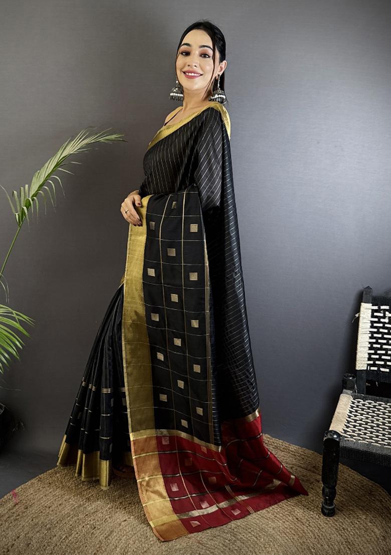 Black Stripes Box Silk Saree Set - Indya
