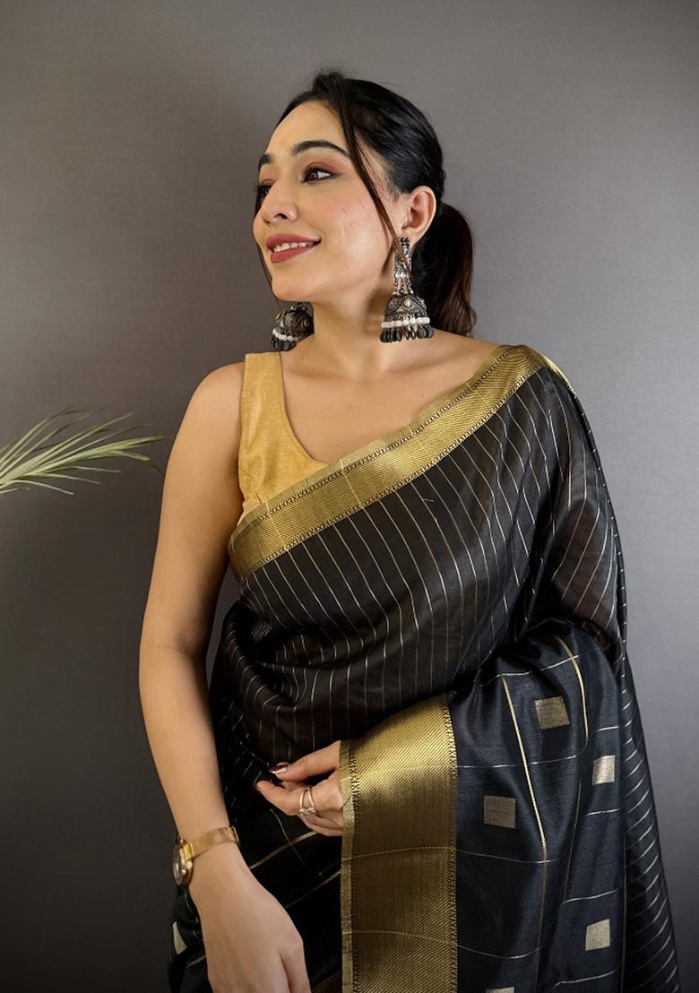 Black Stripes Box Silk Saree Set - Indya