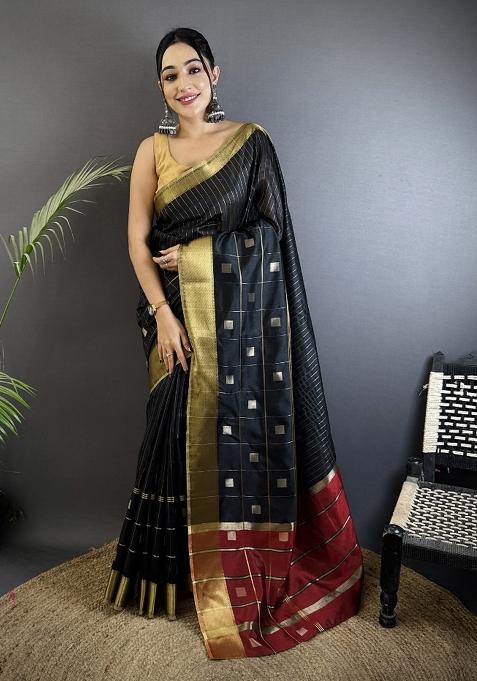 Black Stripes Box Silk Saree Set