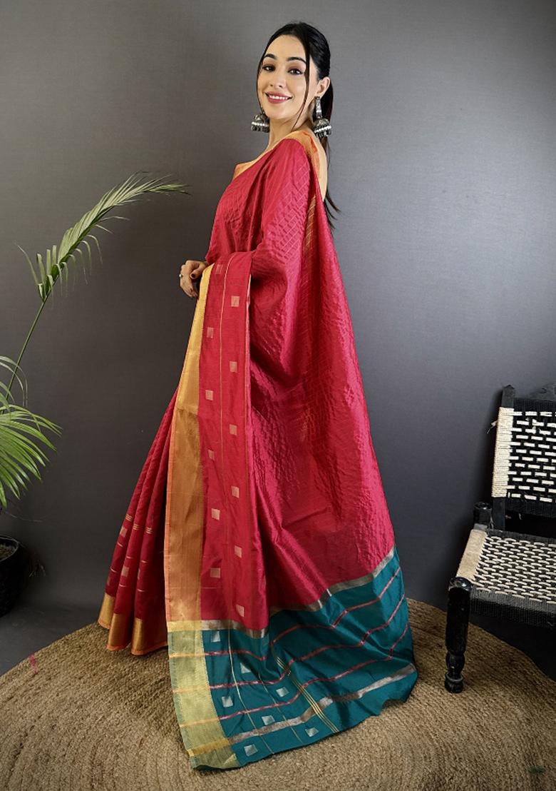 Hot Pink Stripes Box Silk Saree Set - Indya