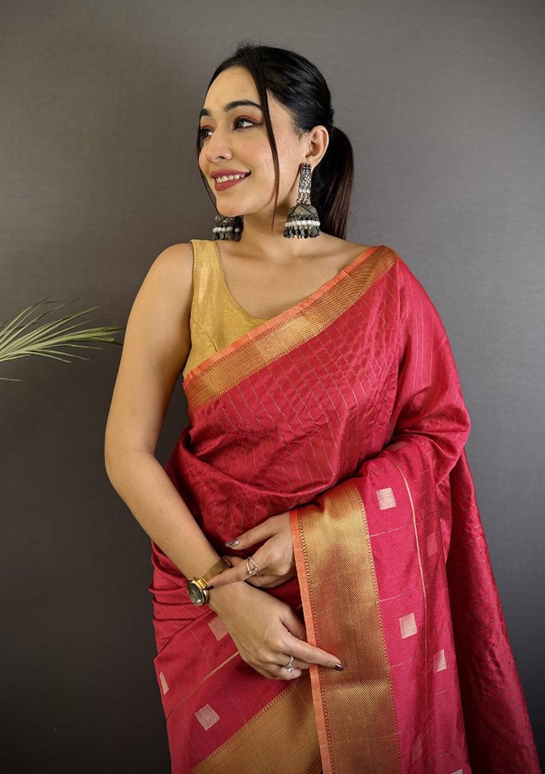 Hot Pink Stripes Box Silk Saree Set - Indya