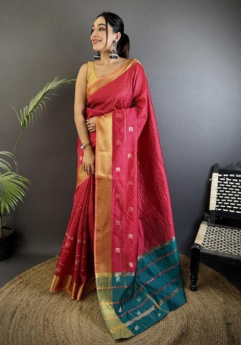 Hot Pink Stripes Box Silk Saree Set — view on Indya