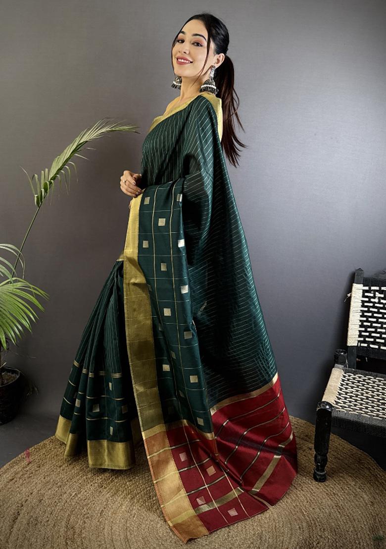 Teal Stripes Box Silk Saree Set - Indya