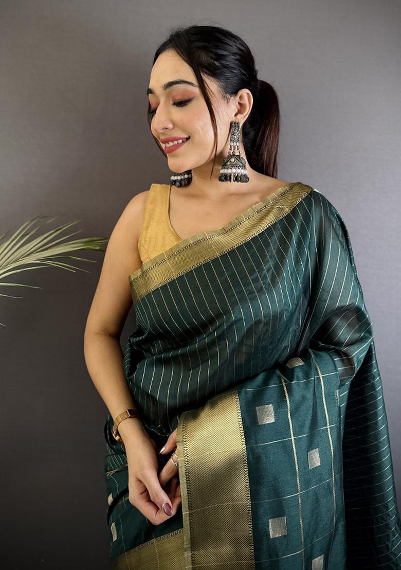 Teal Stripes Box Silk Saree Set - Indya
