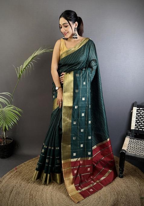 Teal Stripes Box Silk Saree Set — view on Indya