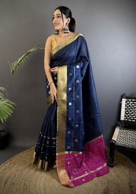 Navy Blue Stripes Box Silk Saree Set