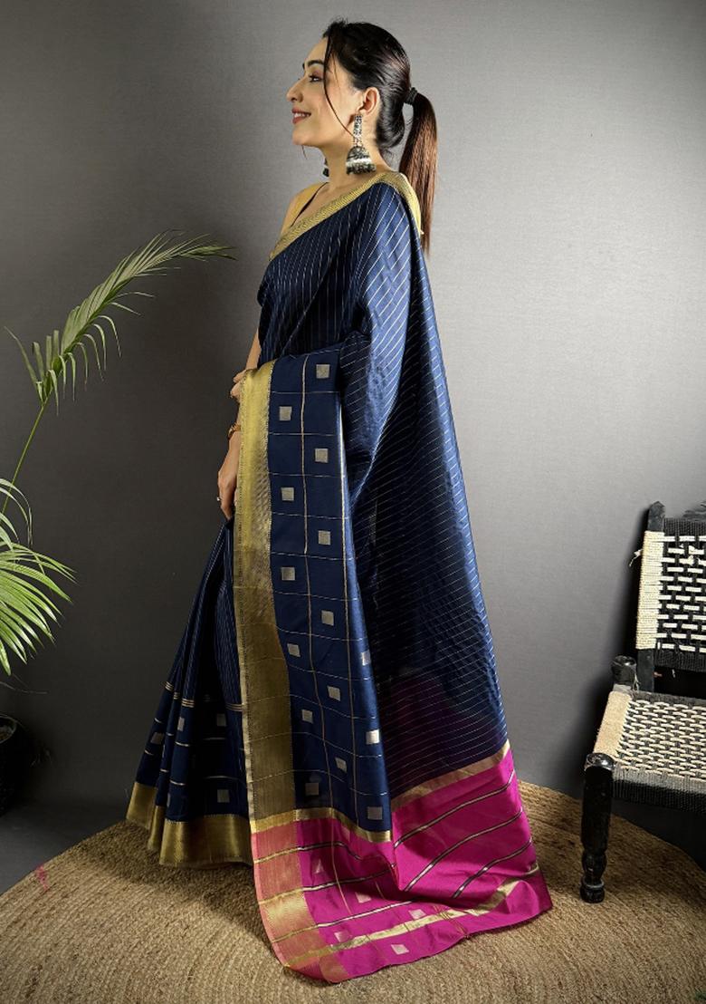 Navy Blue Stripes Box Silk Saree Set - Indya