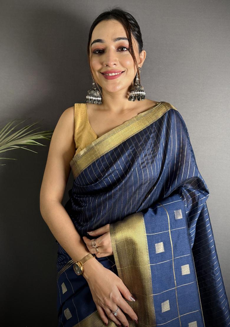 Navy Blue Stripes Box Silk Saree Set - Indya