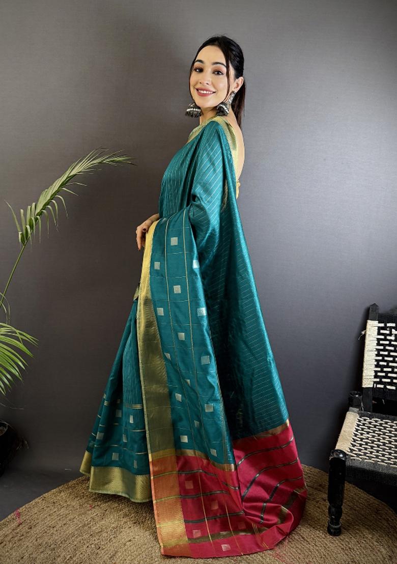 Sea Green Stripes Box Silk Saree Set - Indya