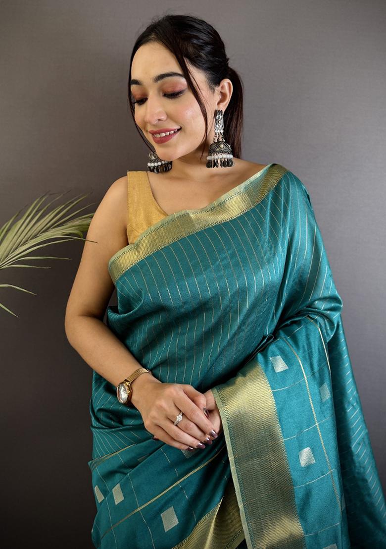 Sea Green Stripes Box Silk Saree Set - Indya