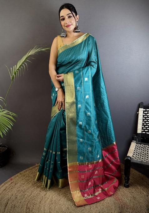 Sea Green Stripes Box Silk Saree Set — view on Indya