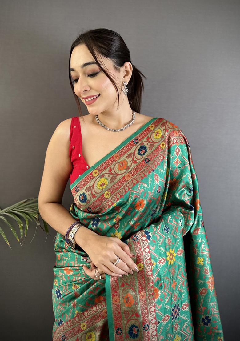 Green Woven Silk Saree Set - Indya