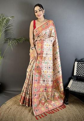 Cream Woven Silk Saree Set