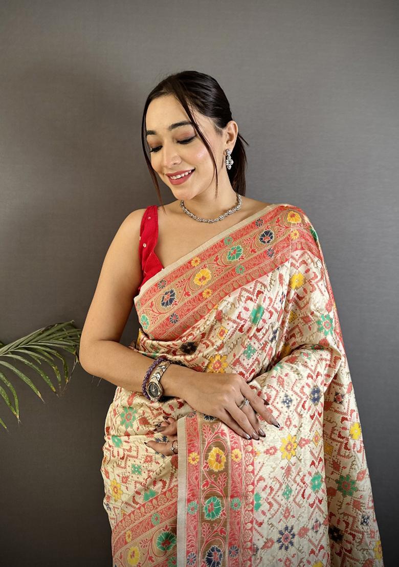 Cream Woven Silk Saree Set - Indya