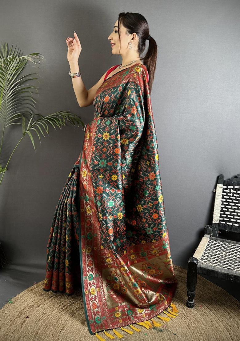 Dark Green Woven Silk Saree Set - Indya