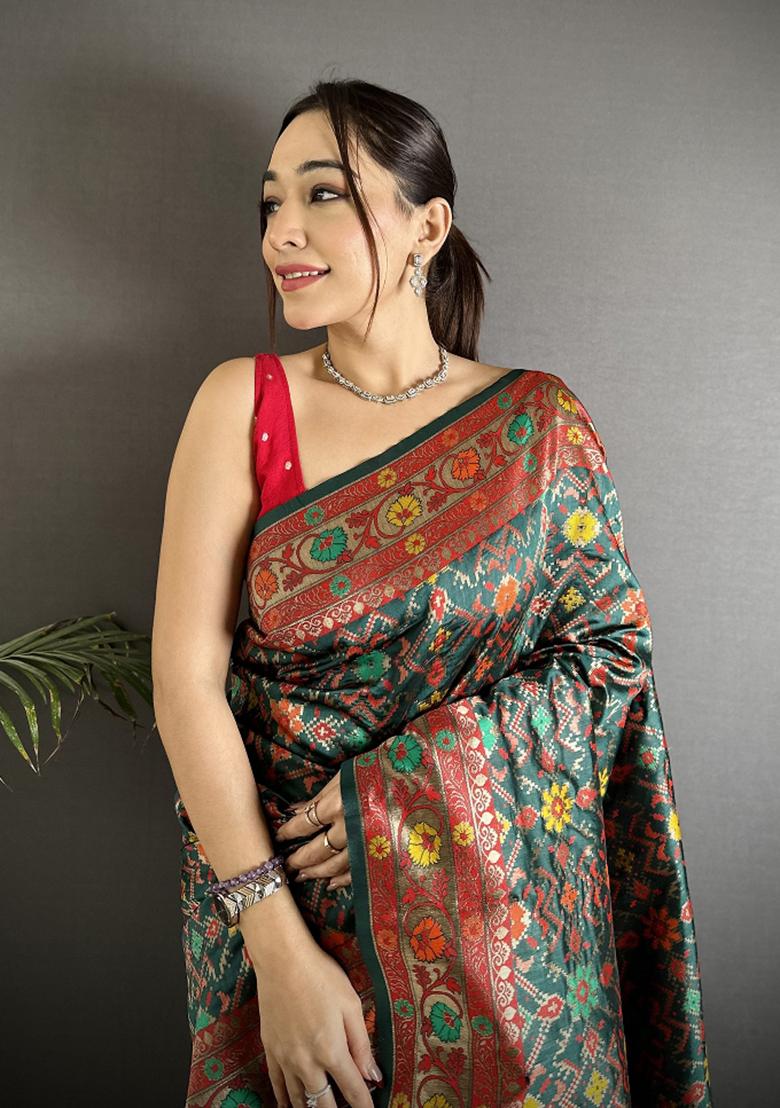 Dark Green Woven Silk Saree Set - Indya