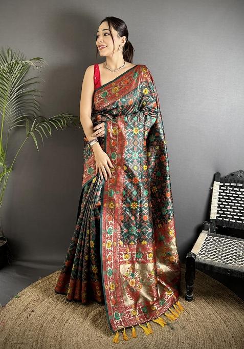 Dark Green Woven Silk Saree Set