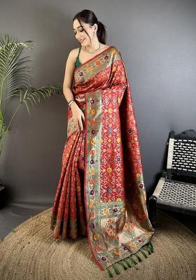 Red Woven Silk Saree Set