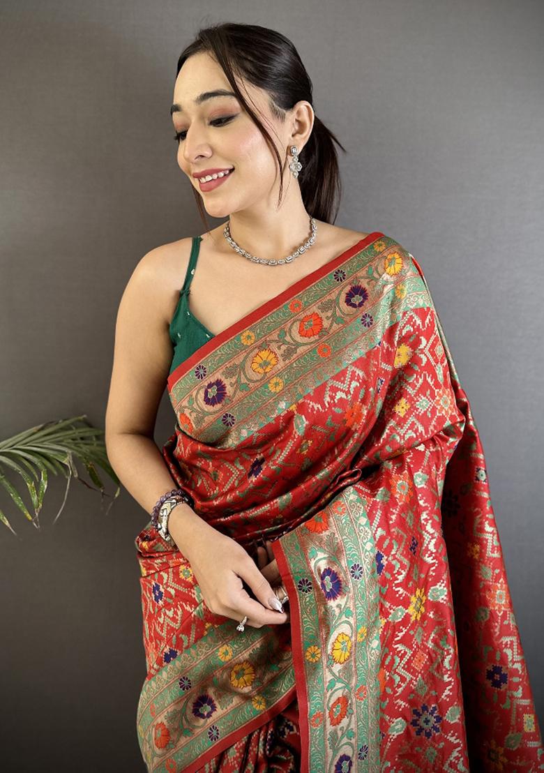 Red Woven Silk Saree Set - Indya