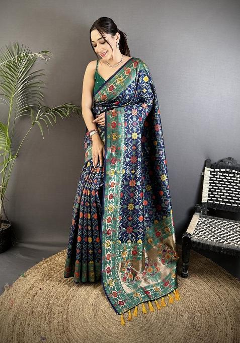 Navy Blue Woven Silk Saree Set