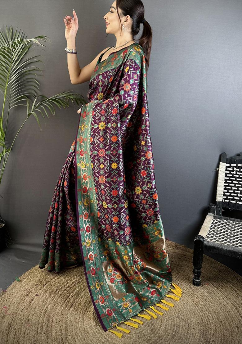 Wine Woven Silk Saree Set - Indya