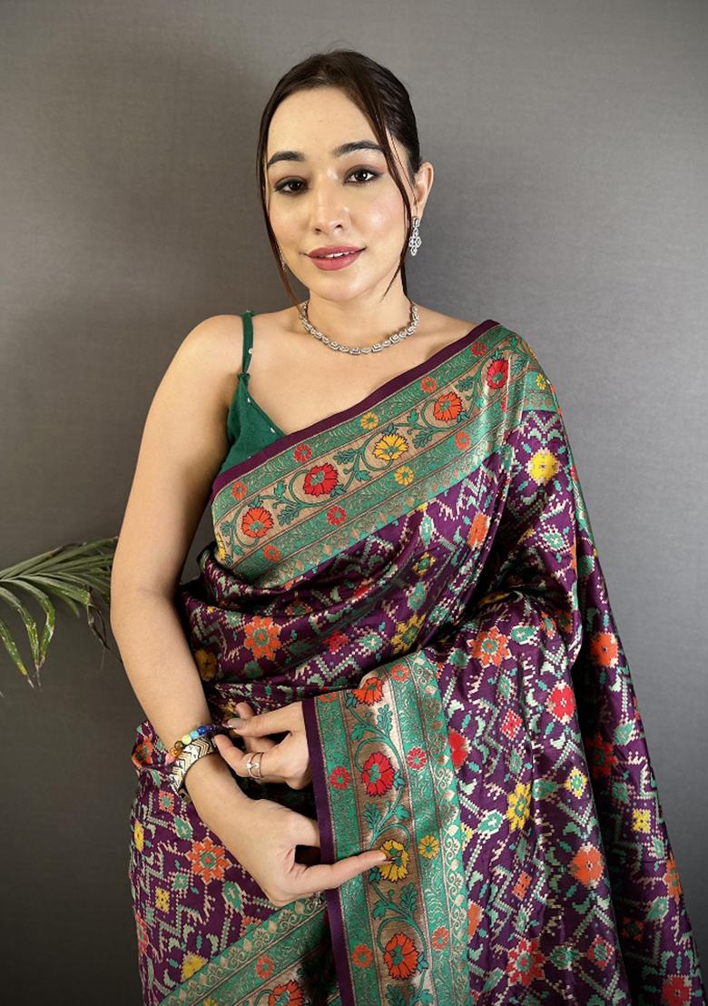 Wine Woven Silk Saree Set - Indya