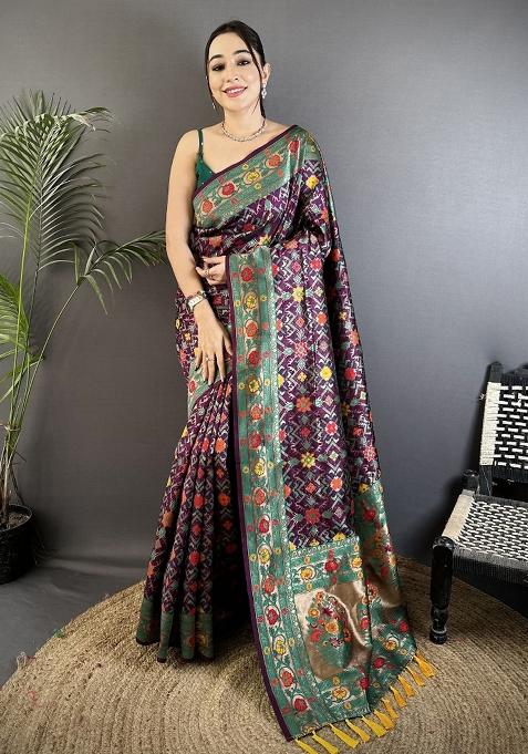 Wine Woven Silk Saree Set