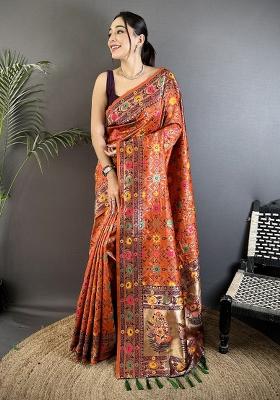 Orange Woven Silk Saree Set