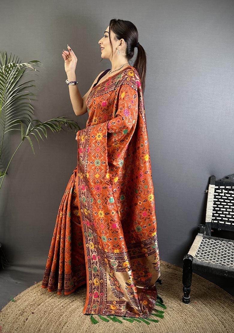 Orange Woven Silk Saree Set - Indya