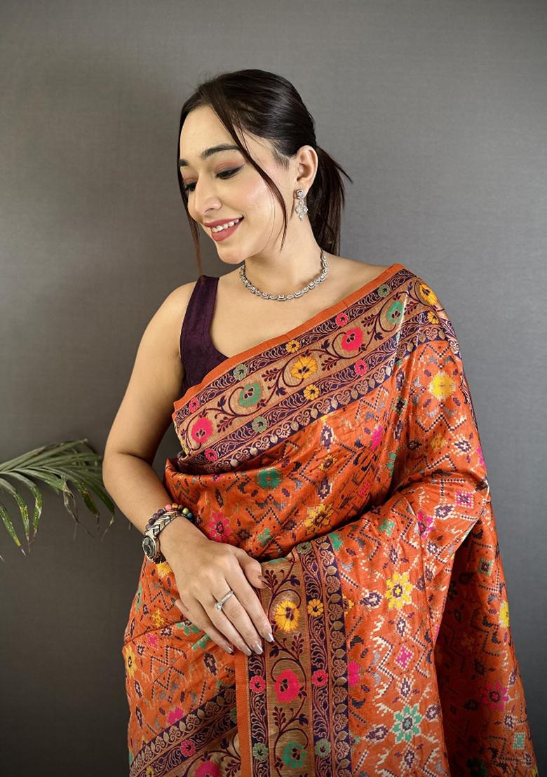 Orange Woven Silk Saree Set - Indya