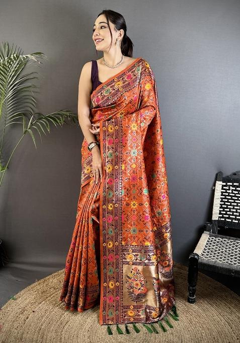 Orange Woven Silk Saree Set