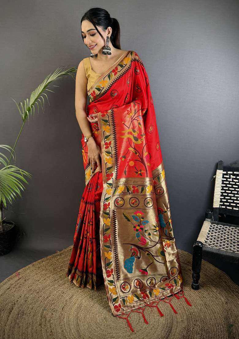 Red Meenakari Silk Blend Saree Set for Diwali | Wedding & Festive Wear - Indya